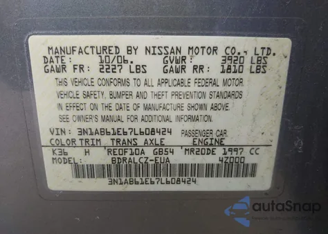 2007 Nissan Sentra 2.0 from USA, damaged, VIN 3N1AB61E67L608424